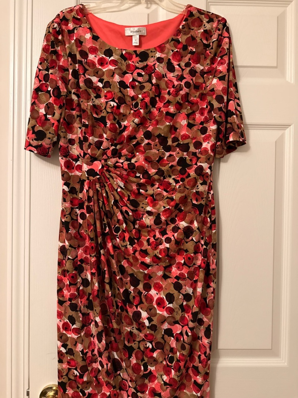 Chaps Coral Pink Brown Multi-Print Ruched Midi Dress